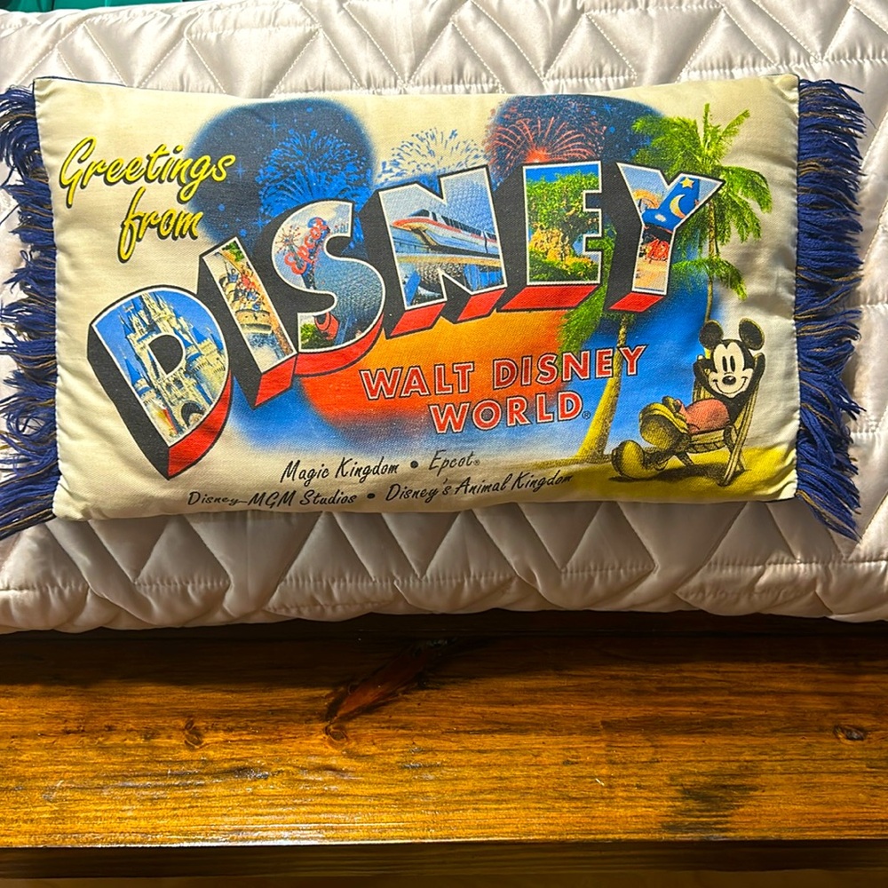 Greeting From Disney Pillow, Vintage Postcard Stamp Look